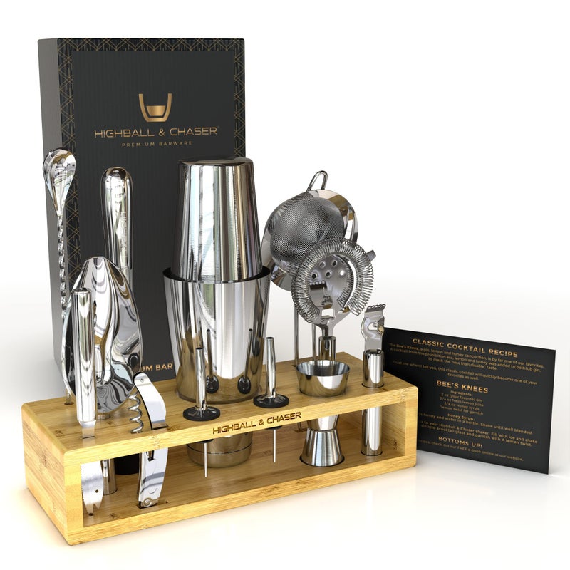 Highball  Chaser Highball & Chaser 13-Piece Boston Cocktail Shaker Set Stainless Steel Mixology Bartender Kit With Stand For Home Bar Cocktail Set | Laser Engraved Cocktail Tools | Plus E-Book with 30 Cocktail Recipes - Image 2